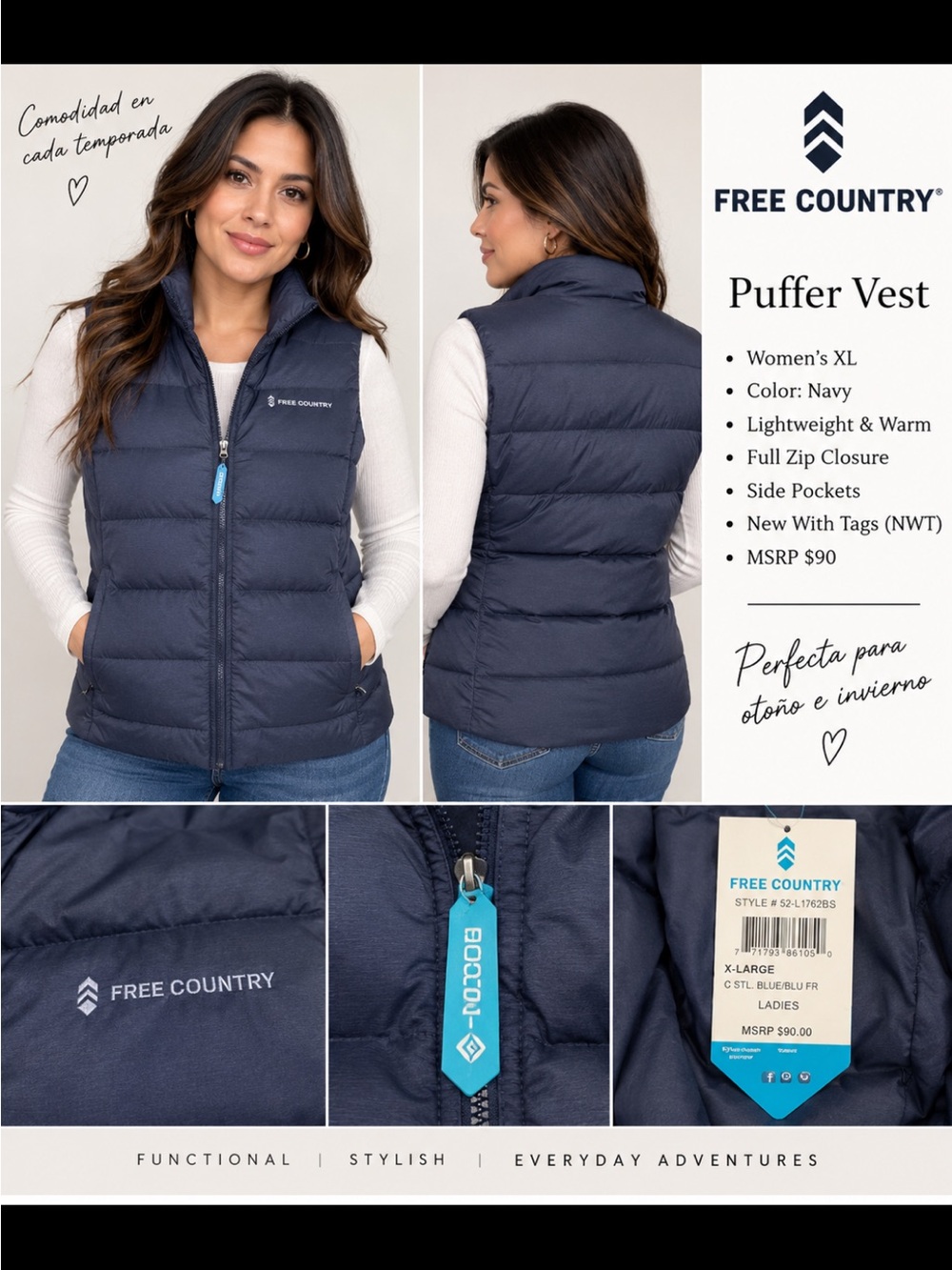 Free Country Women's Navy Quilted Puffer Vest - Full Zip